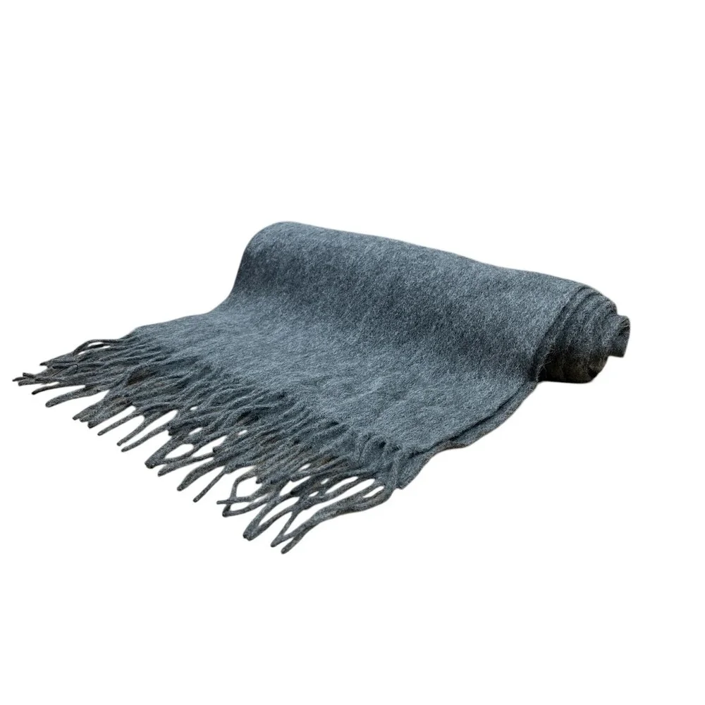 Gray Mongolian Wool Cashmere Blend Rectangular Fringe Scarf 66
